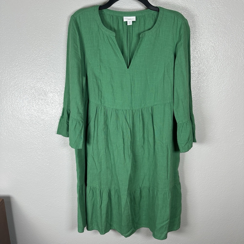 J. Jill Jardin Linen Blend Tiered Dress Bell Sleeve Small Petite SP Kelly Green